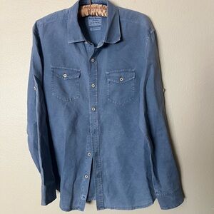 Tommy Bahama Island Modern Fit Linen Blend Button Down Shirt Medium blue
